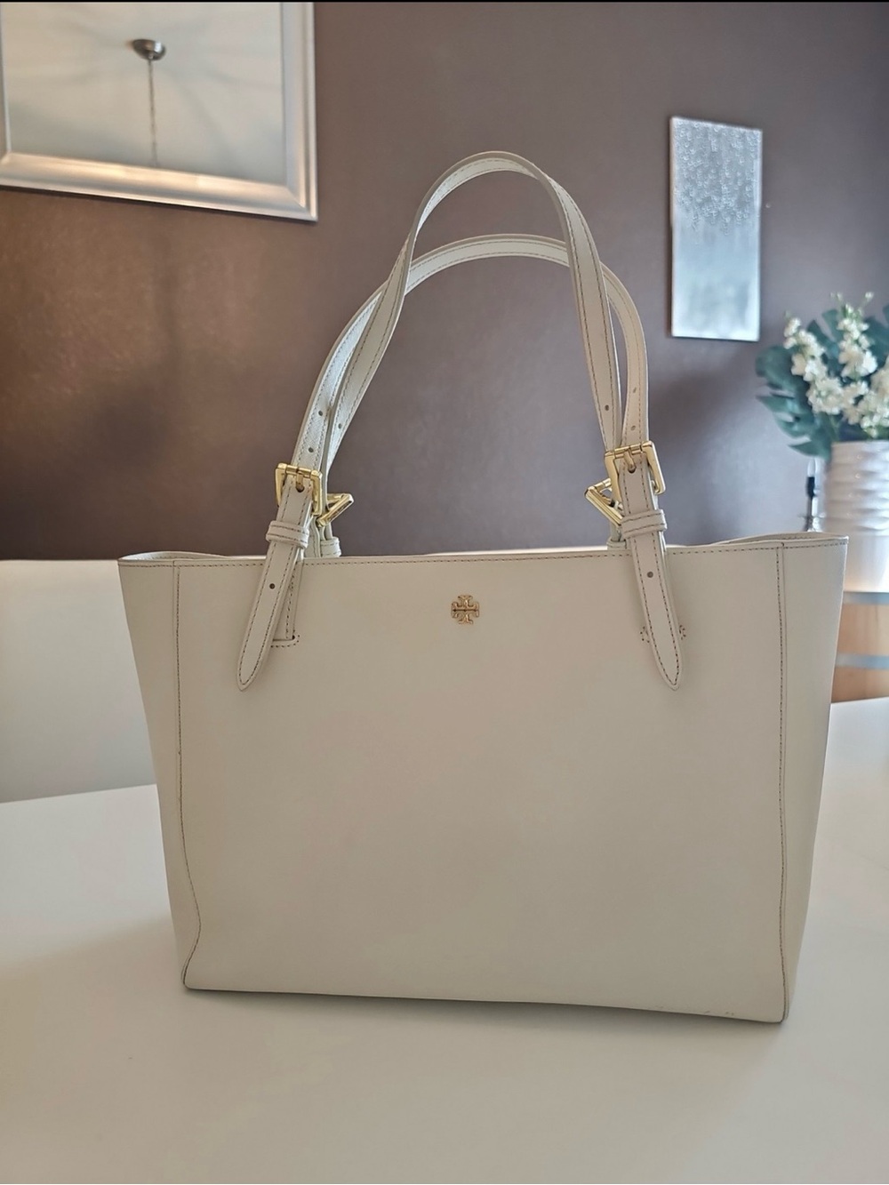 Tory Burch Ivory Leather Double-Handle Tote with Gold Hardware - Picture 1 of 5